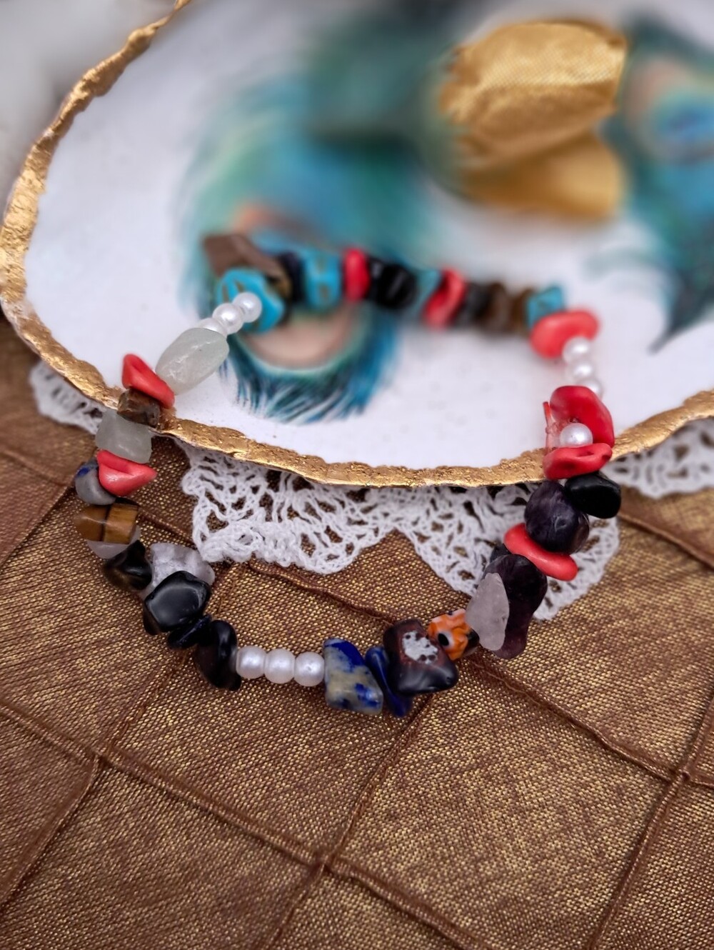 Artisan Genuine Gemstone & Faux Pearl Stretch Bracelet w/ Tiger's Eye & Sodalite